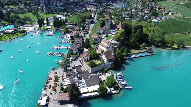 Aerial View of Spiez Harbor, Boats and Lake Thun in Switzerland