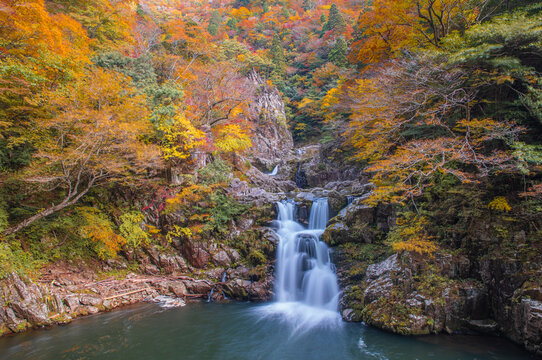 日本の広島にある三段峡の紅葉　三段滝