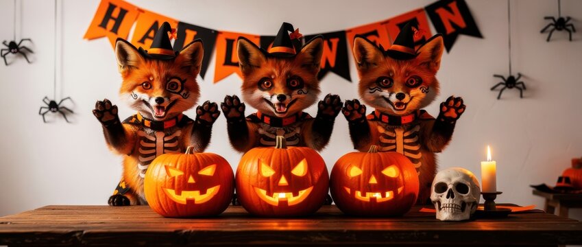 Three foxes in Halloween witch costumes and skeleton outfits posing behind jack-o'-lanterns. Festive setup with pumpkins, skull, and spiders. Whimsical animal holiday concept for seasonal ads.