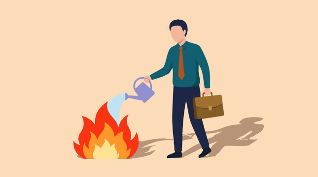Businessman extinguishing fire with watering can, concept of crisis management