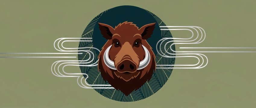 Stylized wild boar head illustration with tusks. Modern graphic design featuring Japanese-inspired motifs and abstract lines. Professional wildlife mascot logo concept for branding and design.