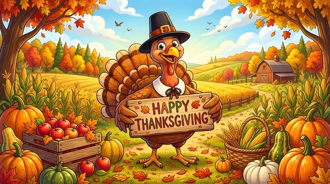 Happy thanksgiving turkey holding a sign in a beautiful autumn farm landscape with pumpkins, apples, and corn