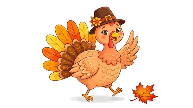 Cute cartoon turkey wearing a pilgrim hat and flower, walking near an autumn maple leaf, isolated on white background