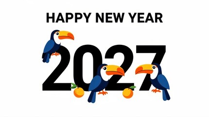 Naklejka premium Happy New Year 2027 greeting with cute toucans and oranges. Tropical bird illustration with bold black numbers on white. Festive holiday concept for calendars and party invitations.