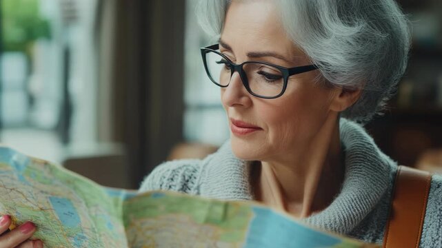 Senior woman with gray hair and glasses studying a paper map