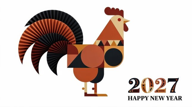 Geometric rooster for Happy New Year 2027. Modern abstract bird design with fan tail and warm earth tones. Chinese zodiac symbol, perfect for festive greeting cards and calendar marketing.