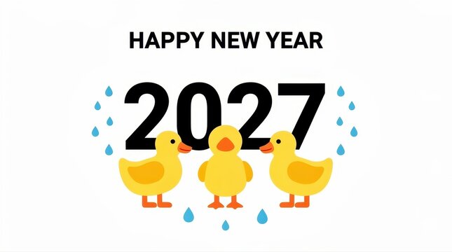 Happy New Year 2027 with cute ducks and raindrops. Minimalist vector illustration on white. Festive greeting card and calendar concept.