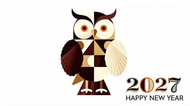 Geometric owl illustration for 2027 Happy New Year. Stylized bird character in earth tones with modern graphic design. Festive greeting card concept for holiday marketing and promotions.
