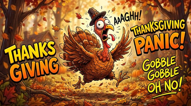 Panicked turkey wearing a pilgrim hat running through an autumn forest, thanksgiving holiday humor concept