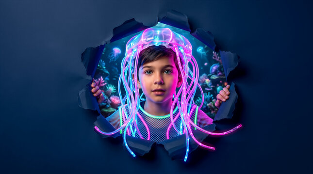 Child emerging through torn wall with glowing neon jellyfish. Futuristic, sci-fi, underwater theme, digital art, creative concept.