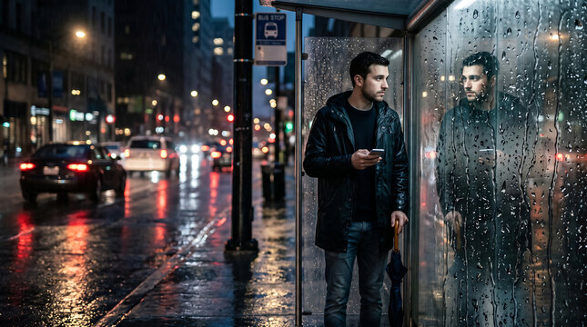 Man waiting at urban bus stop on rainy night with phone and umbrella amidst city lights