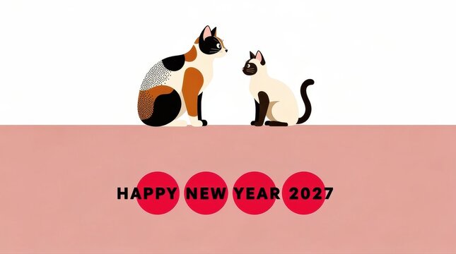 Two stylized cats sitting on a platform with Happy New Year 2027 text. Calico and Siamese cat illustration in a minimalist vector design. Festive greeting concept for social media and marketing.