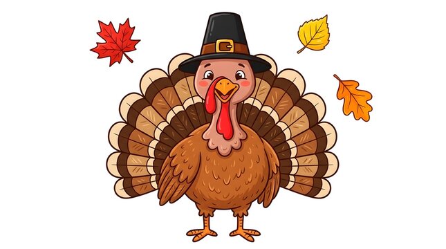 Cartoon turkey wearing a pilgrim hat isolated on white background