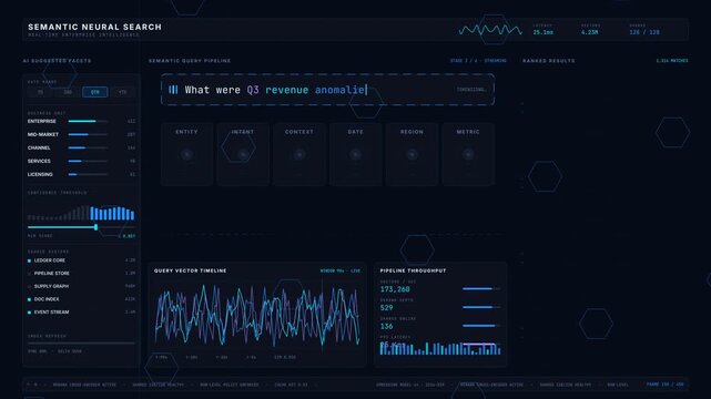 Real-time AI semantic search interface displaying neural processing with animated result cards and query parsing in a dark tech environment. professional stock footage for technology, business, and.