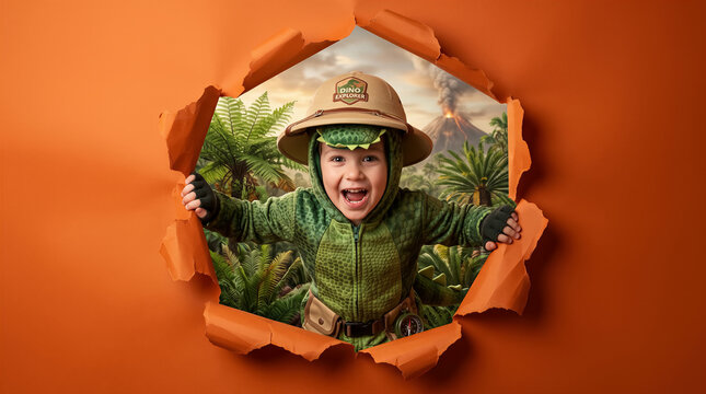 Child dressed as dinosaur explorer peeking through torn orange paper. Prehistoric jungle, volcano in background, playful adventure theme.