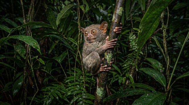 Cute tarsier sitting on tree branch in dark tropical rainforest night nature wild animal. Concept of primate, nocturnal animal, wildlife photography.