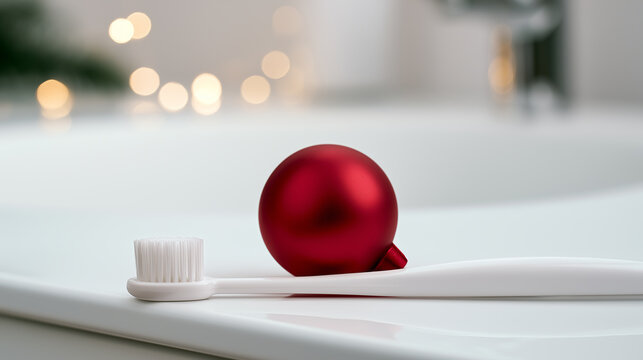 Red Christmas ornament and white toothbrush on a bright bathroom surface combining holiday decoration with dental hygiene and oral care.