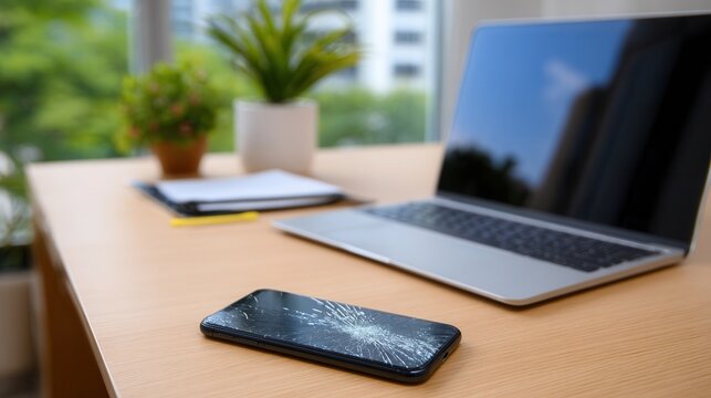 Close Up Of Cracked Smartphone Screen On Wooden Desk Next To Open Laptop And Potted Plants Near Window