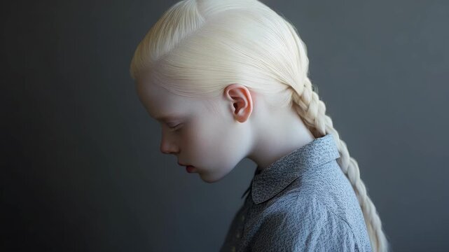 Portrait of a young girl with blonde braided hair looking down