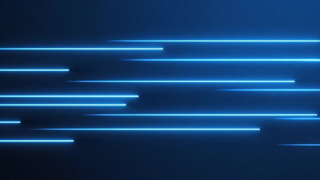 Bright blue neon light streaks moving fast across a dark background with cinematic motion and copy space