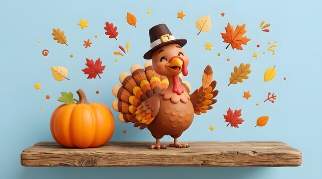 Cute cartoon turkey wearing a pilgrim hat standing on a wooden shelf with a pumpkin and floating autumn leaves