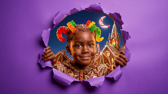 Child dressed as gingerbread man peeking through torn purple paper. Candy horns, sweet treats, holiday theme, advertising, marketing.