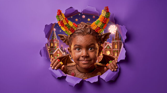 Child dressed as chocolate devil peeking through torn purple paper. Candy castle, gummy bear horns, Halloween costume, sweet treats.