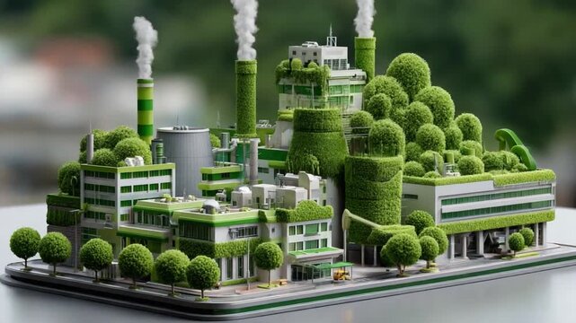 Green Factory Model: A miniature model of a factory complex, where industrial structures are harmoniously integrated with lush greenery and trees.