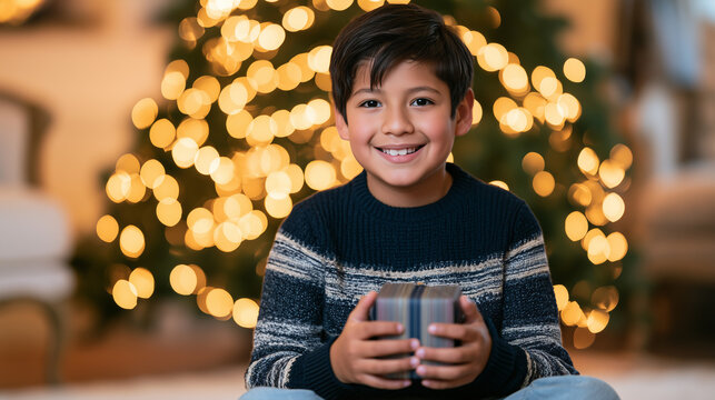 Delighted boy holding a wrapped Christmas present with eager anticipation and fascination beside a glowing Christmas tree. 