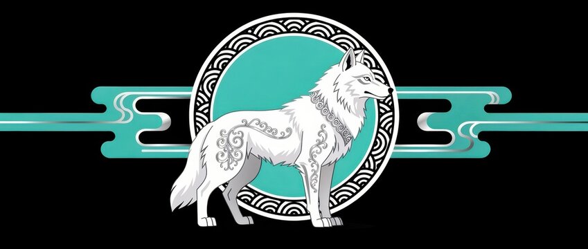 White wolf with silver filigree standing before a turquoise emblem. Majestic illustration with Japanese wave patterns on a black background. Mystical animal mascot for gaming logos and branding.