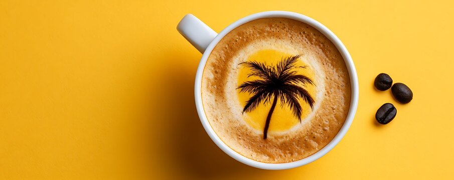 Summer palm tree and sun latte art in coffee cup on vibrant yellow background