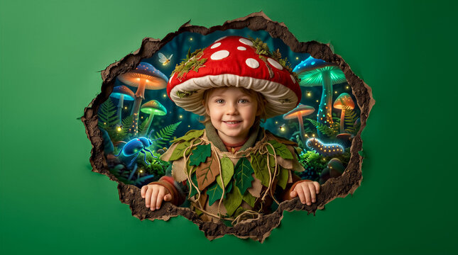 Child wearing mushroom hat peeking through torn green wall into magical forest. Fantasy, children s play, imagination, adventure.