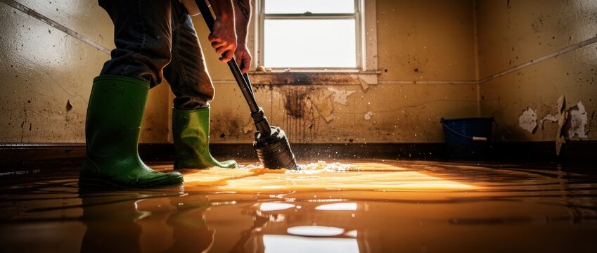 Man in boots using a pump to drain a flooded room. Dirty water covers the floor during emergency home restoration. Disaster recovery and insurance claim concept for plumbing services.