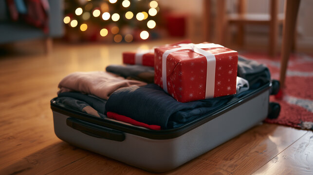 Christmas travel preparation with open suitcase packed with winter clothes and wrapped gifts beside a decorated Christmas tree at home.
