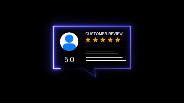 Glowing neon Rating 5 stars icon animation. animation customer review concept, character giving five star feedback on neon rectangle Animation.  on Black Background. 4k video