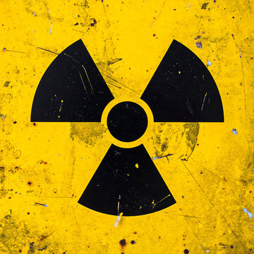 Minimalist radiation warning sign, black radioactive emblem on distressed yellow industrial surface, scratches and worn texture, clean composition. Close-up.