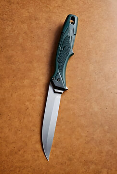 Tactical folding knife with green handle, outdoor survival and self-defense equipment, sharp blade on a wooden background
