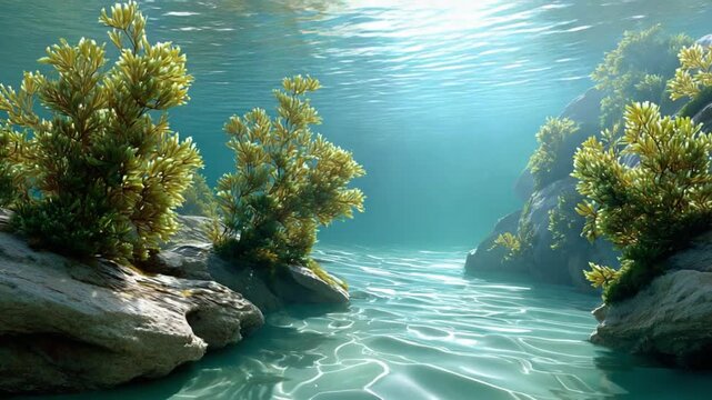 Underwater Paradise: Sunbeams pierce the crystal-clear water, illuminating vibrant green underwater flora clinging to submerged rocks, creating a serene and mystical aquatic landscape.