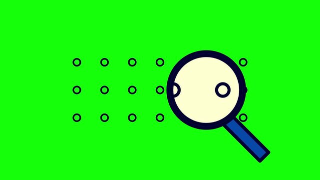 Magnifying glass icon with blue handle and off-white lens positioned over a grid of dark circular outlines on a vibrant solid green background, minimalist flat vector graphic style.