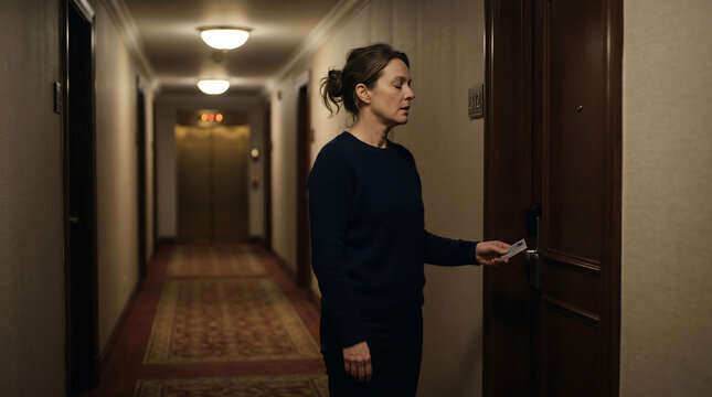 A woman unlocking a door in a hotel hallway, hinting at themes of mystery, suspense, and personal journeys
