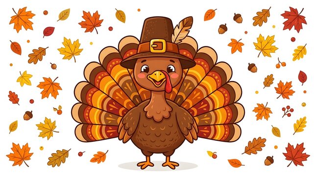 Cute cartoon turkey wearing a pilgrim hat with a feather, isolated on white background