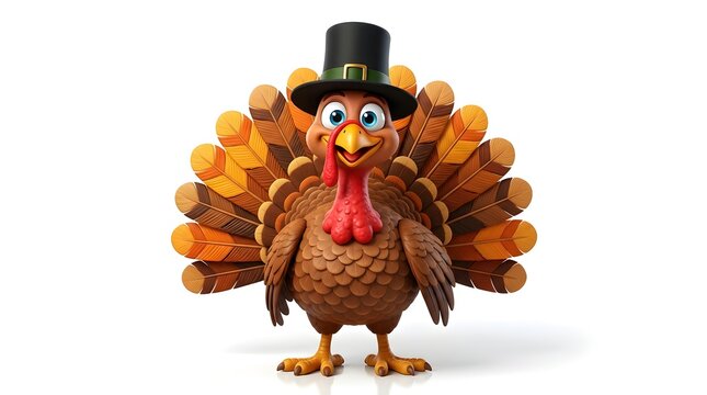 3d rendered cute cartoon turkey wearing a pilgrim hat, isolated on white background