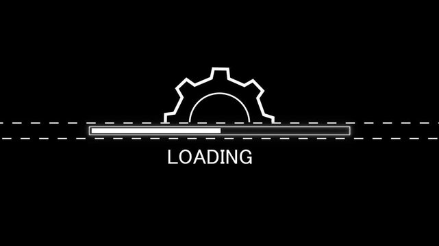 Loading assets progress bar with gear icon and text LOADING on black background for digital tech 4k video