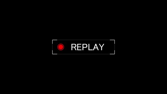 Digital replay button user interface motion graphic animation on black background. Modern replay text. 4k video