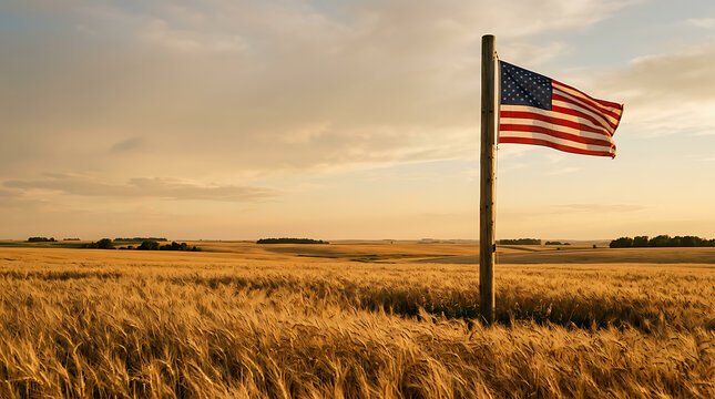 American Flag Standing Tall in Golden Wheat Field