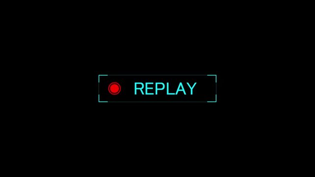 Digital replay button user interface motion graphic animation on black background. Modern replay text. 4k video