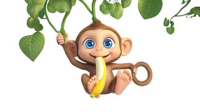 Cute cartoon monkey with blue eyes eating banana hanging from vine isolated on transparent background