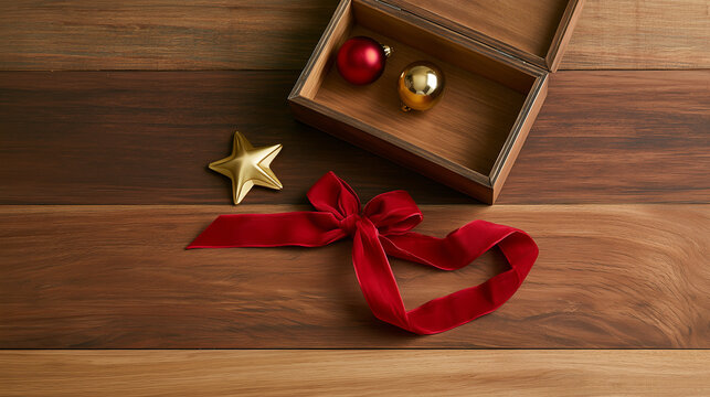 Top view of Christmas decorating preparation with red ribbon, gold star and ornaments on a wooden table with copy space for holiday greetings