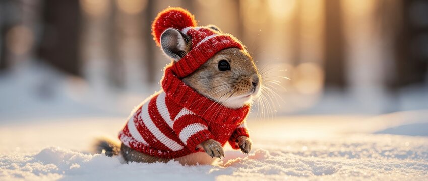 Small cute rodent wearing a red striped sweater and hat in the snow. Tiny mammal dressed in winter clothes sitting in a sunny landscape. Festive animal portrait for seasonal holiday marketing.