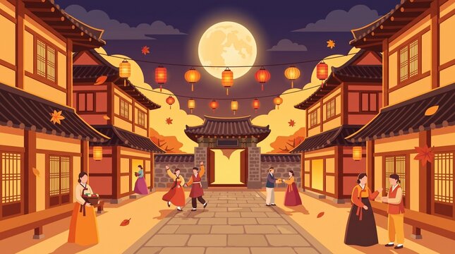 A flat vector illustration of a 추석 (Chuseok) celebration, full moon in the background, traditional Korean elements like lanterns and rice offerings, hanbok-clad figures, autumn landscape with